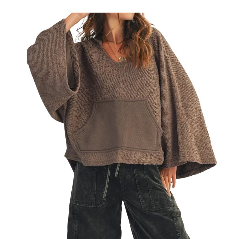 Washed Vintage V-Neck Hoodie with Front Pocket