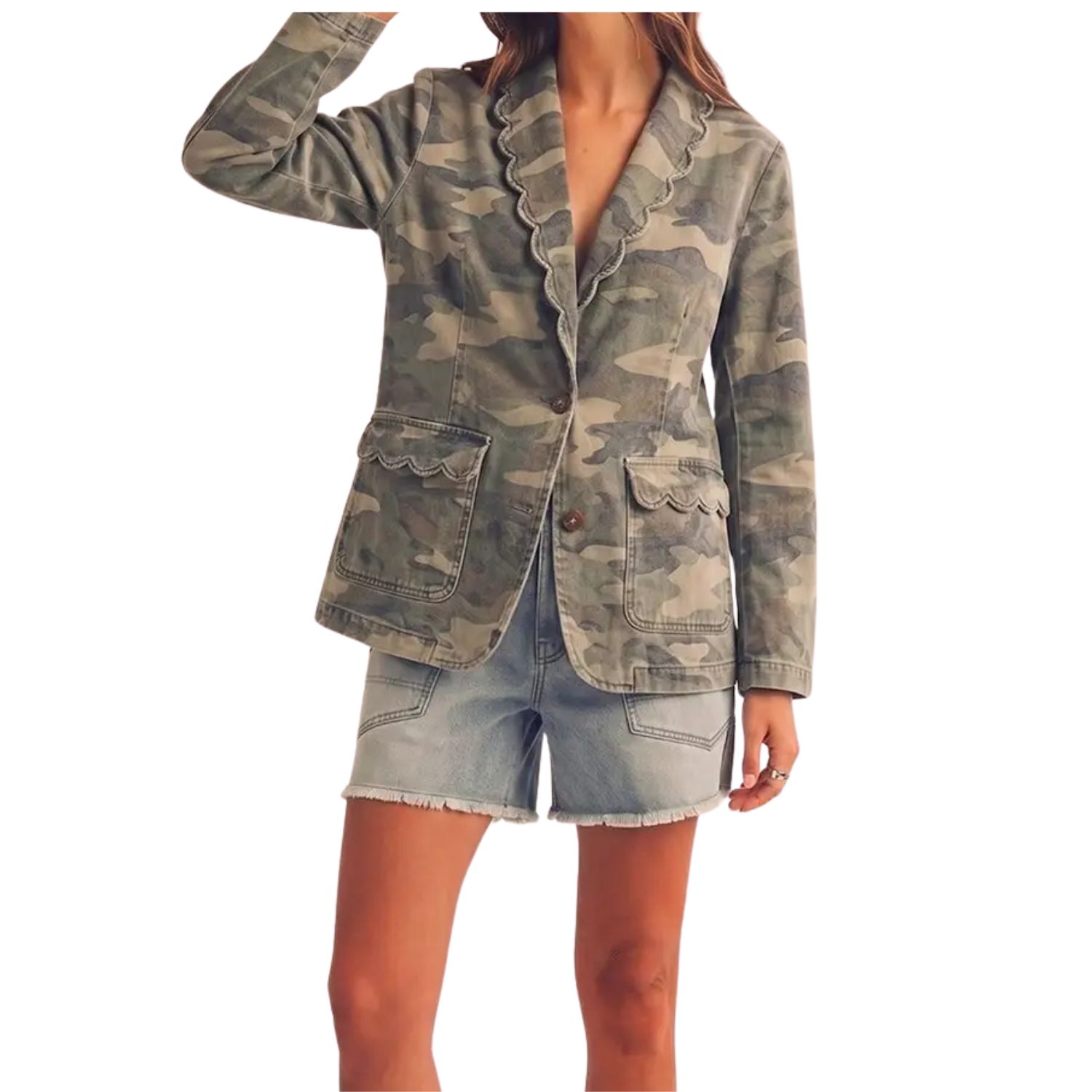 Bluebell Scallop Mineral Wash Stitch Denim Blazer
