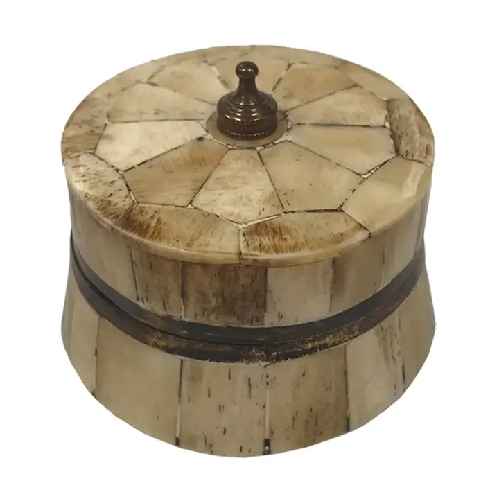 Antiqued Primitive Round Bone &amp; Wood Box