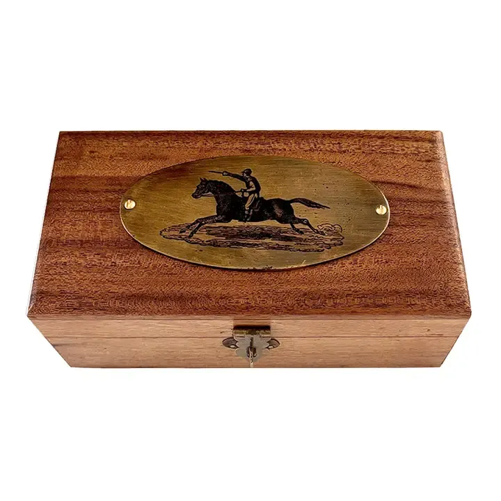 Solid Acacia Wood Storage Box with Horse &amp; Rider Antiqued Brass Plate