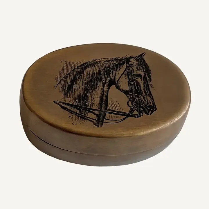 Solid Antiqued Brass Horse Head &amp; Bridle Pill Box | Tabletop Décor
