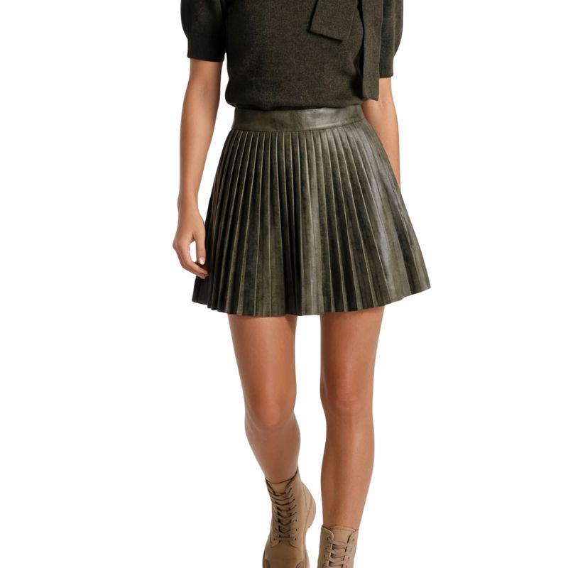 Olive Suede Pleated Skirt