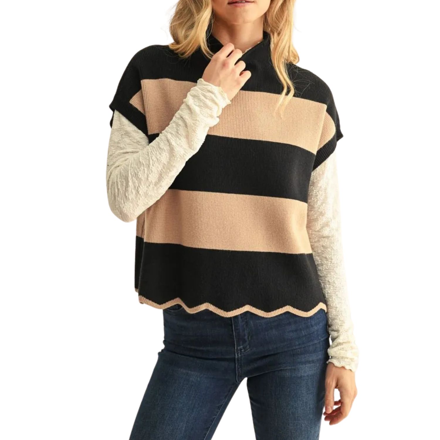 Scalloped Hem Stripe Sweater Vest - Black/Taupe