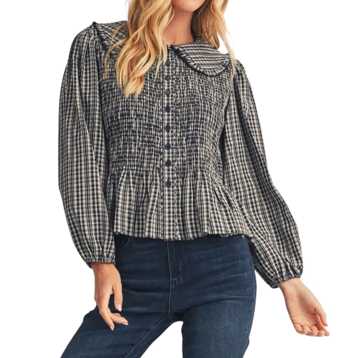 Smocked Plaid Peplum Blouse - Navy/Cream