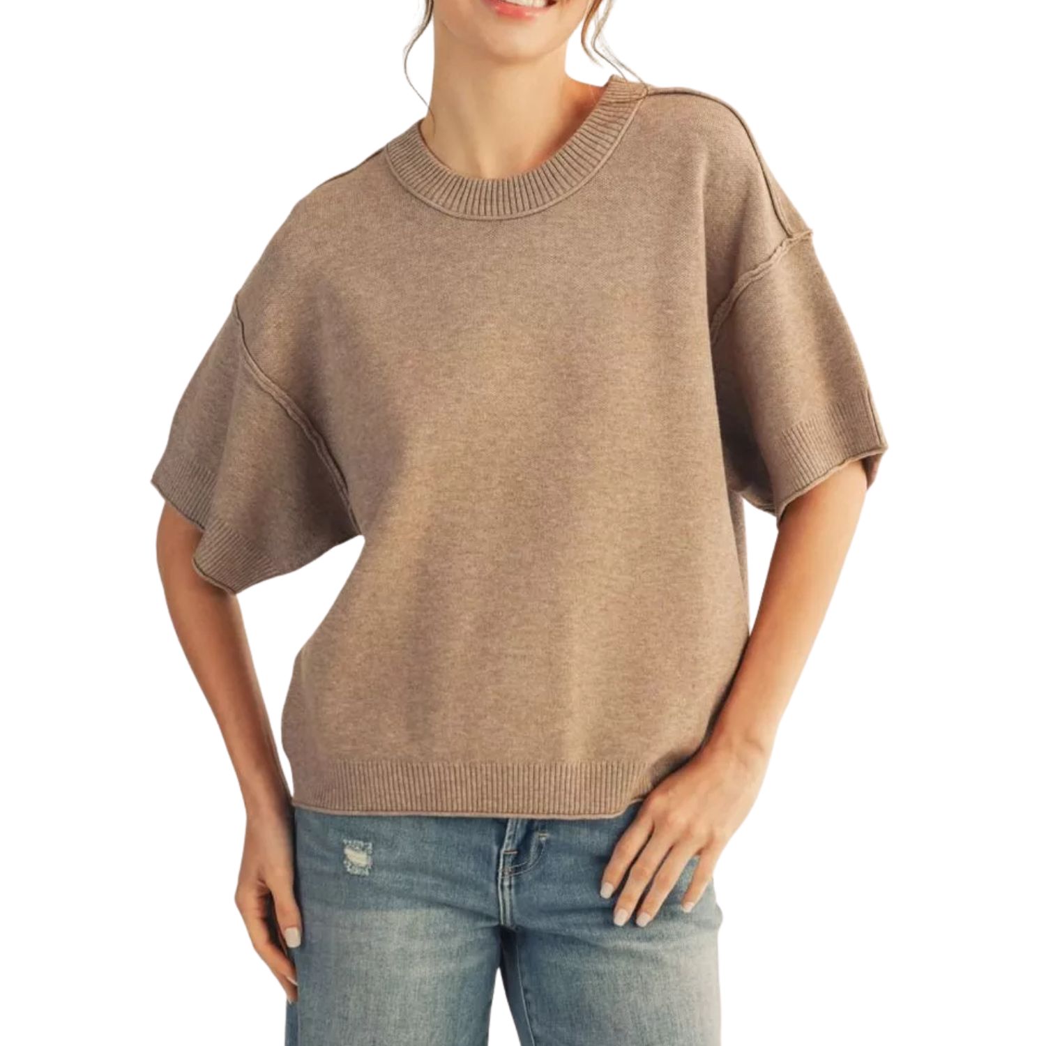 Short Sleeve Knit Sweater - Taupe