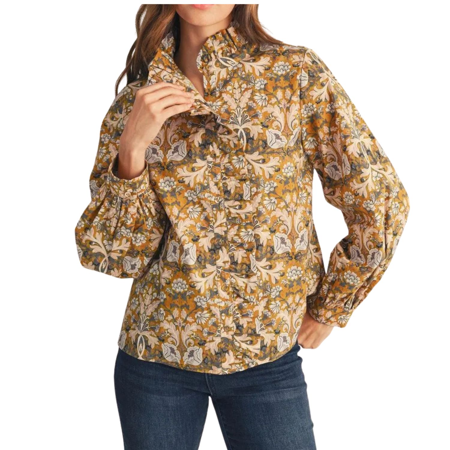 Vintage Floral Ruffle Blouse - Mustard Multi