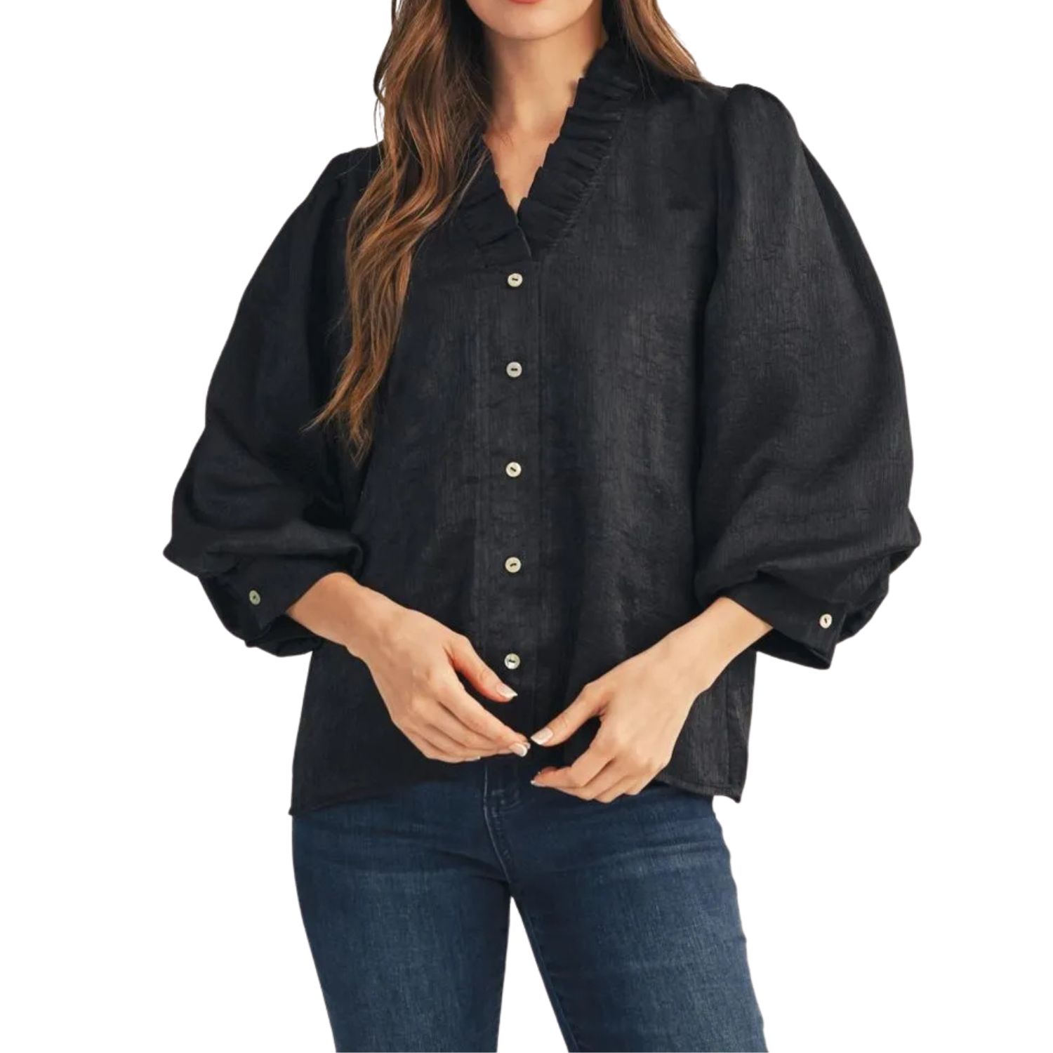 Ruffle Trim Button Front Blouse – Black