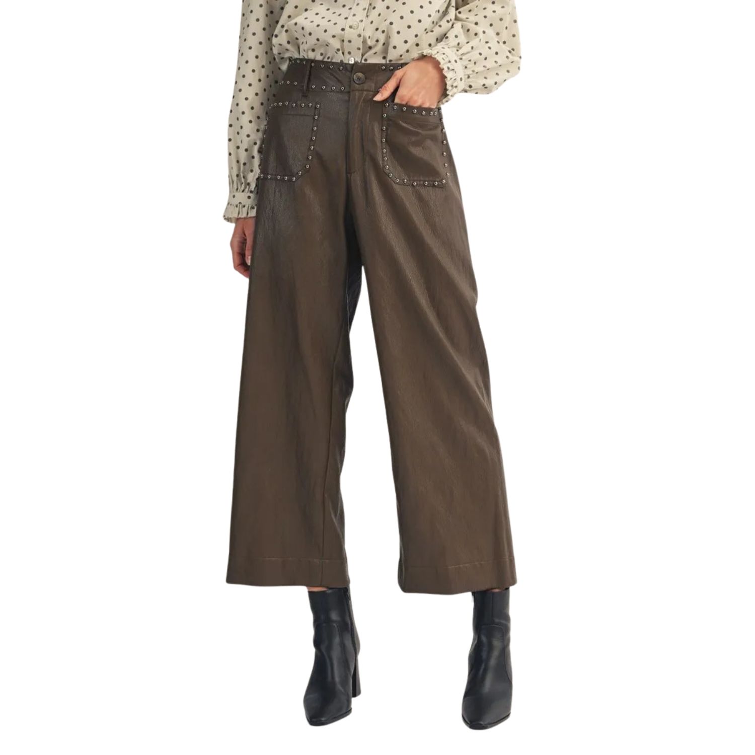 Studded Faux Leather Wide Leg Pants – Brown