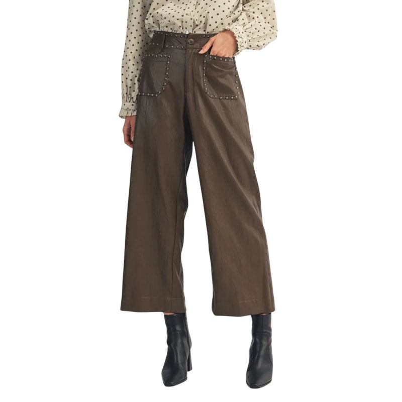 Studded Faux Leather Wide Leg Pants – Brown