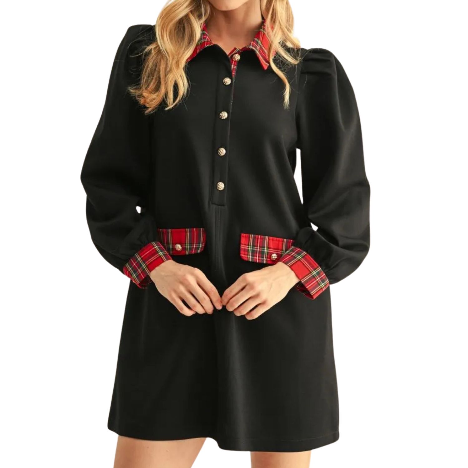 Plaid Trim Puff Sleeve Dress – Black