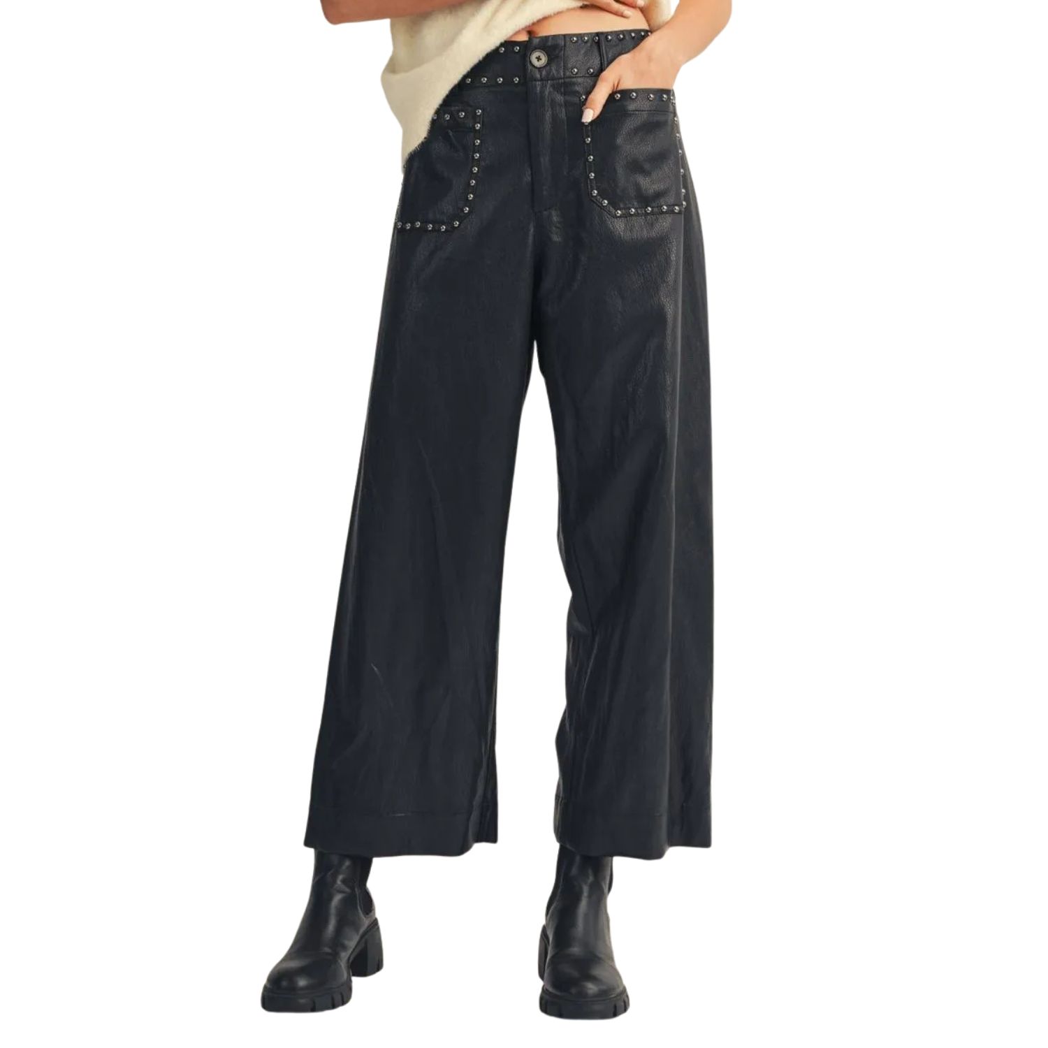 Studded Faux Leather Wide Leg Pants – Black