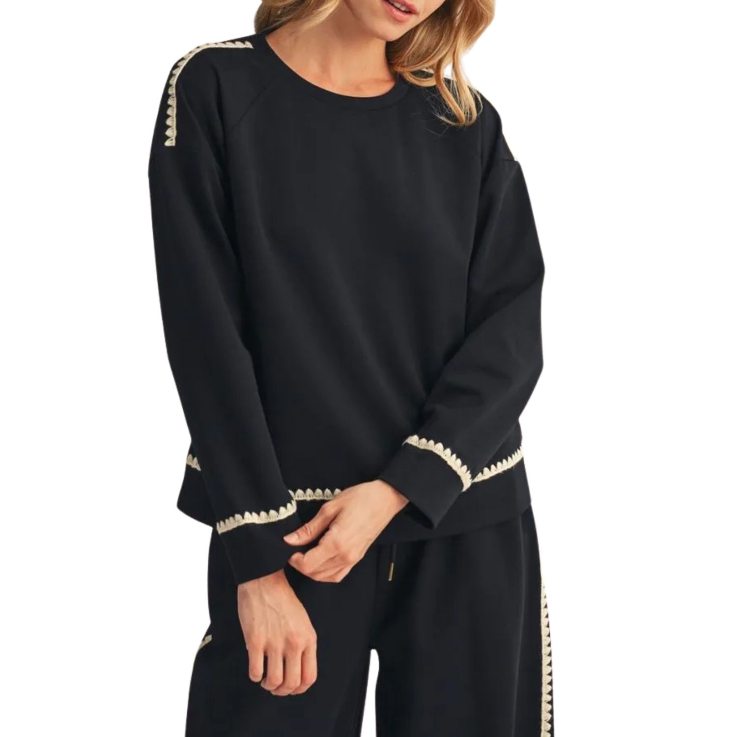 Blanket Stitch Lounge Pullover &amp; Pants – Black