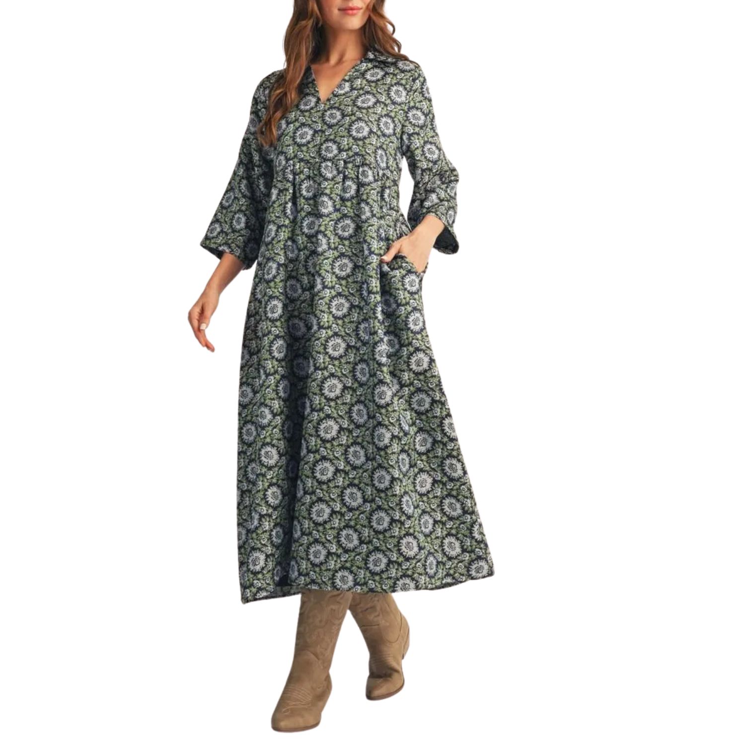 Floral Print Maxi Dress – Olive Multi