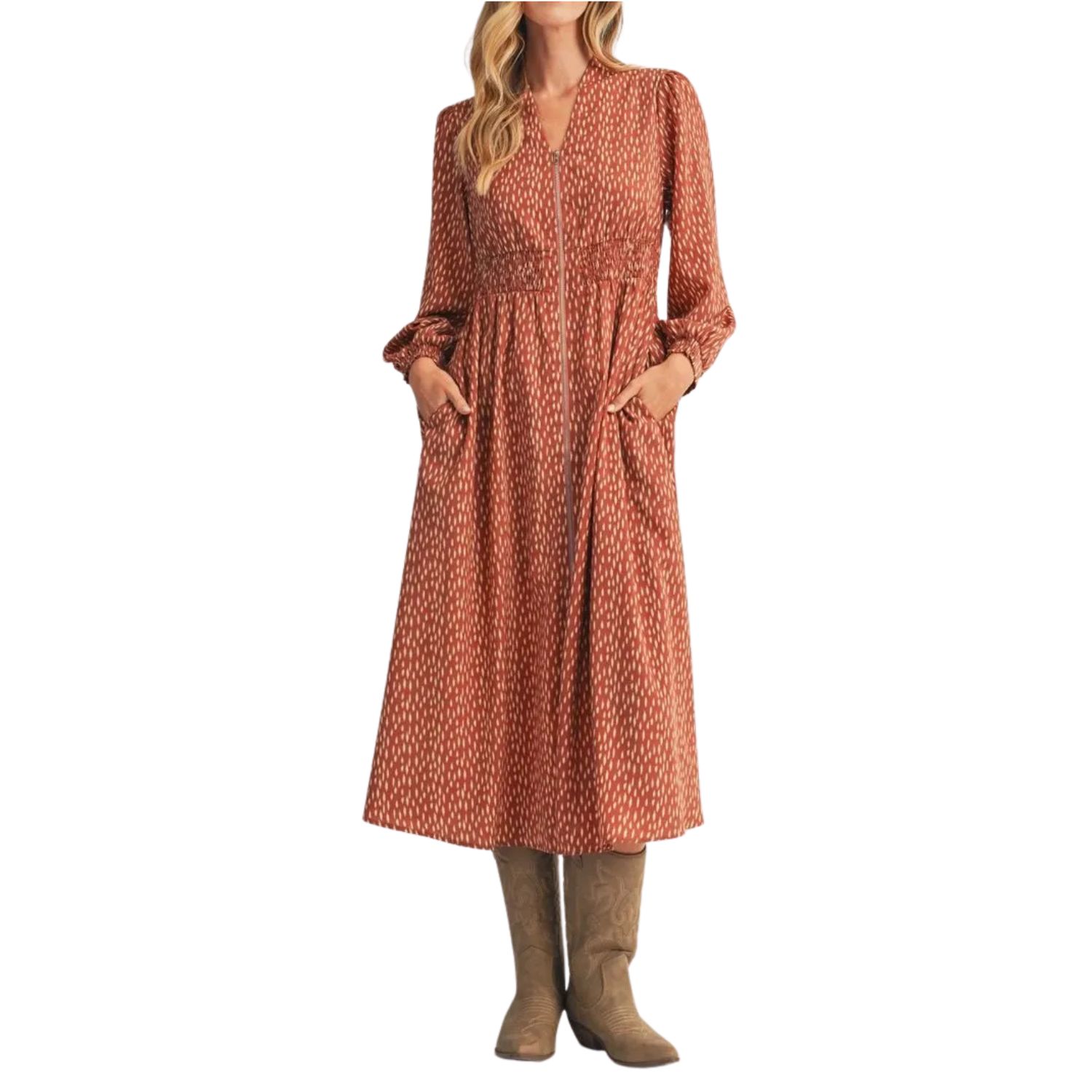 Printed Smocked Waist Maxi Dress – Rust Multi
