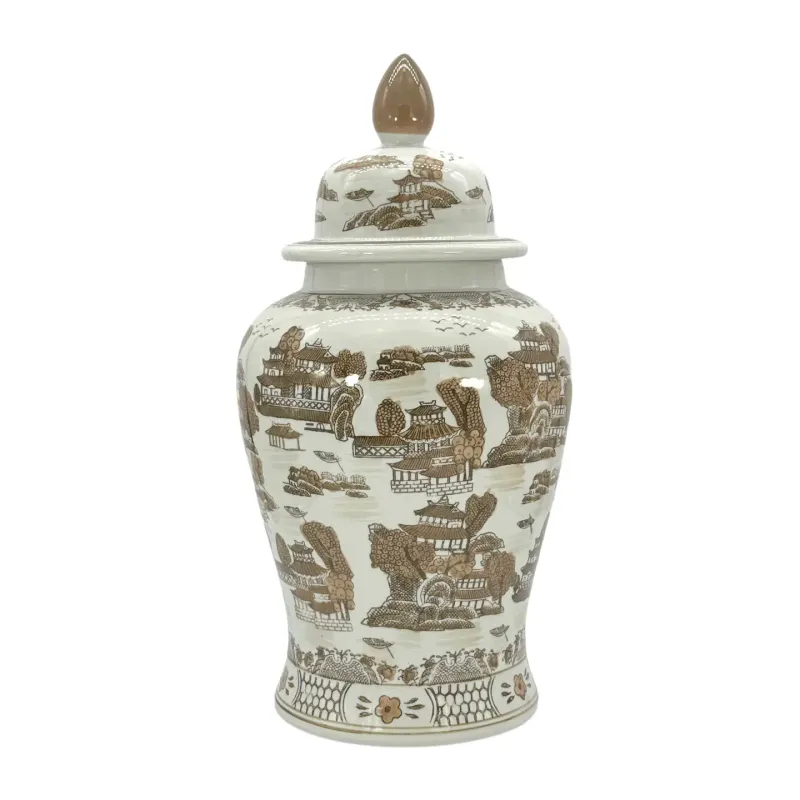 Brown &amp; White Landscape Chinoiserie Ceramic Jar – 25"
