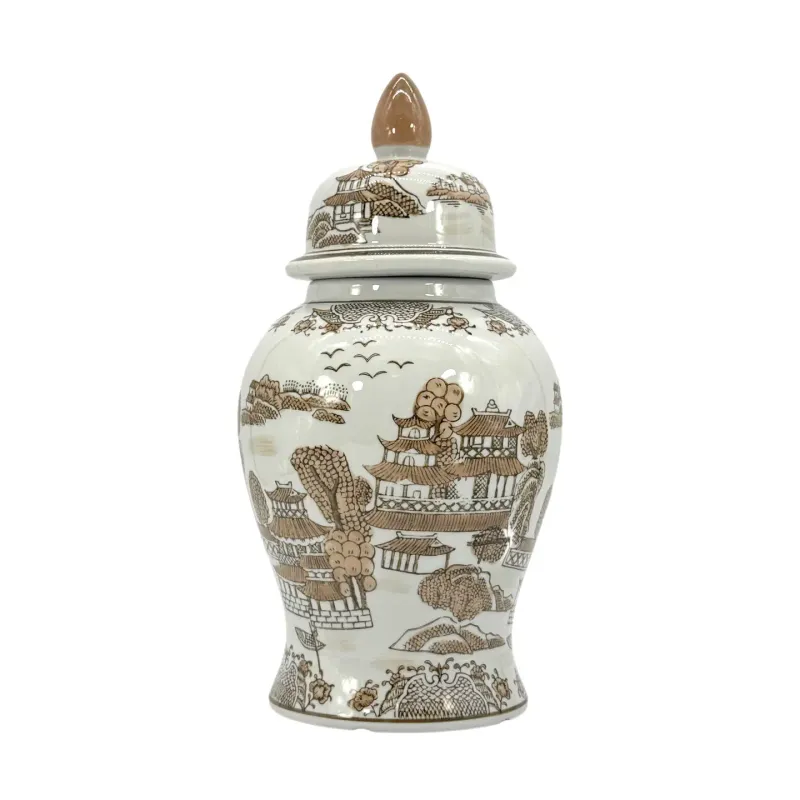 Brown &amp; White Landscape Chinoiserie Ginger Jar – 14"