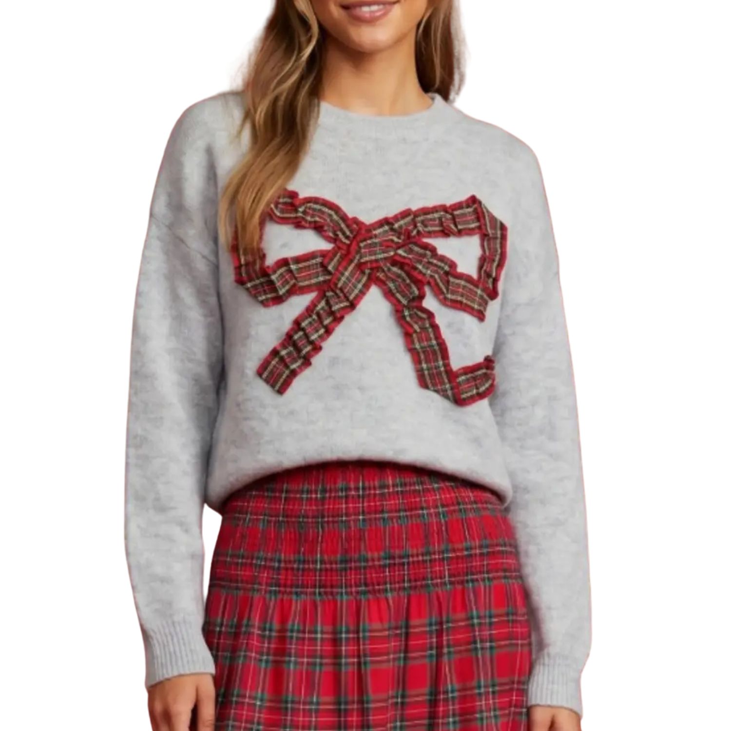 Sweater with Tartan Plaid Bow Detail