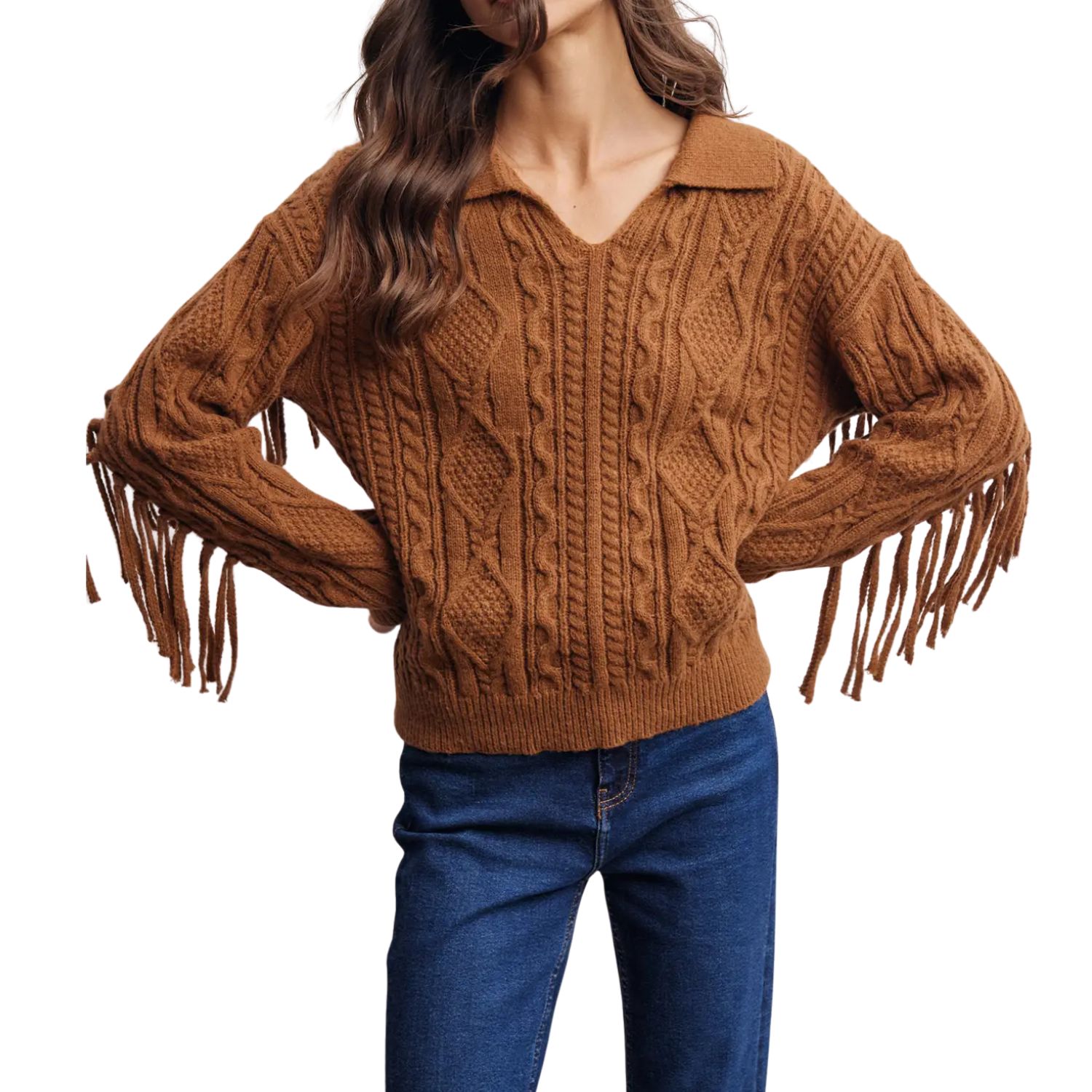 Fringe Cable Knit Collared Sweater