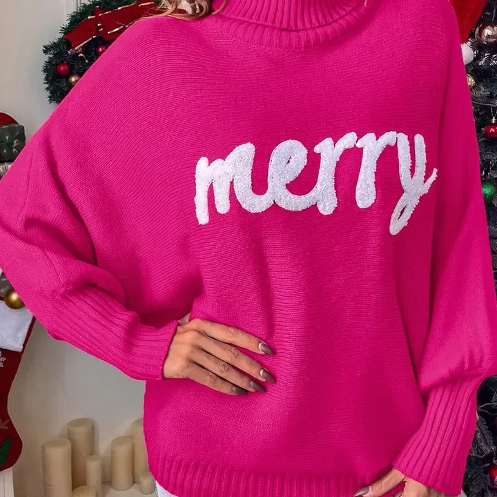 Merry Letter Embroidered High Neck Sweater ZZKF423