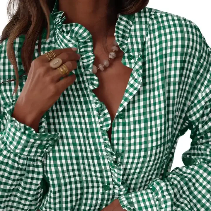 Gingham Check Plaid Ruffled Detail Shirt Blouse