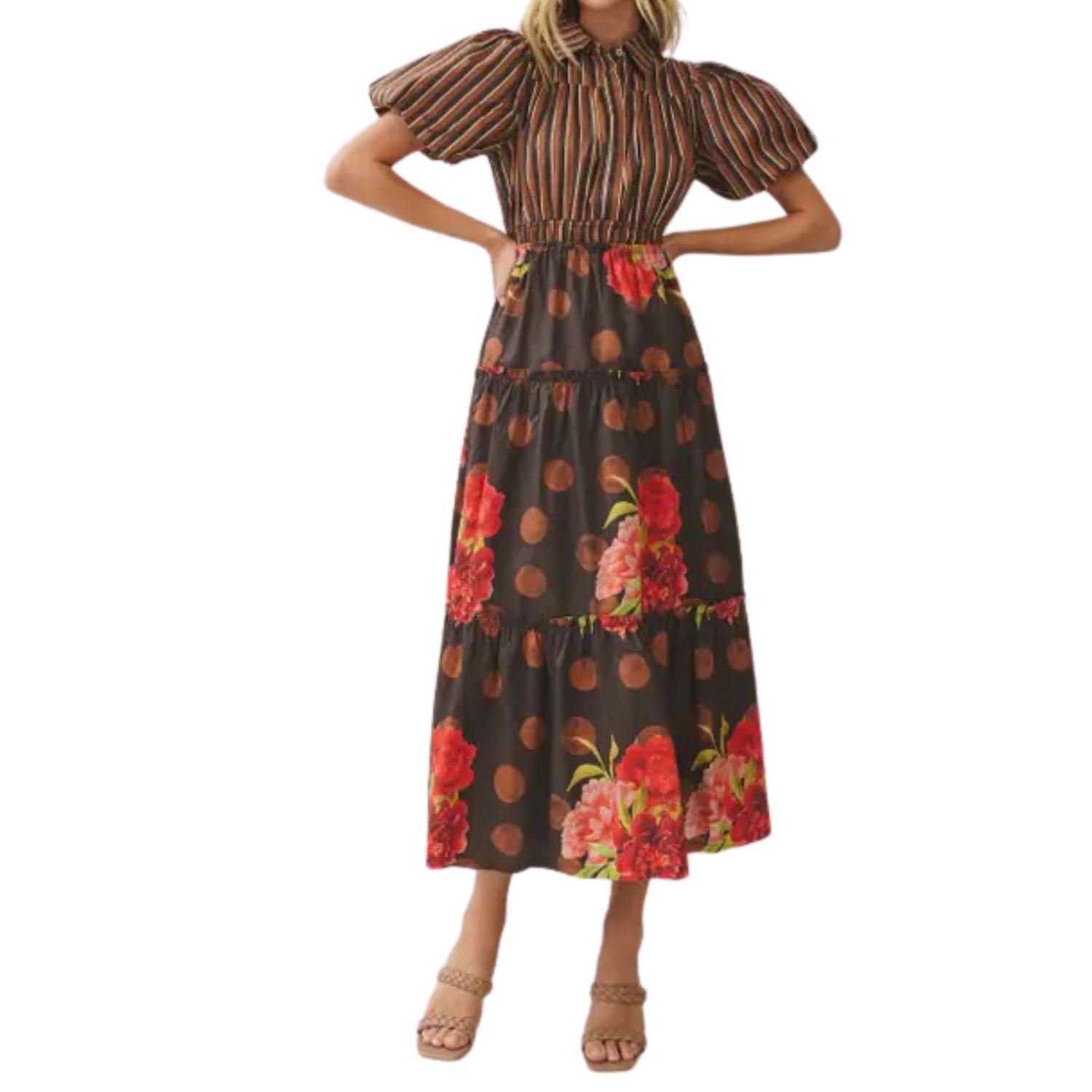 Mixed Print Puff Sleeve Tiered Midi Dress