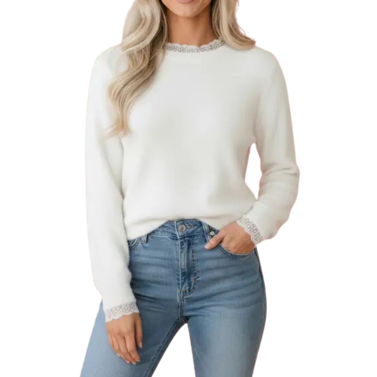 Solid Lace Trim Crewneck Long Sleeve Sweater