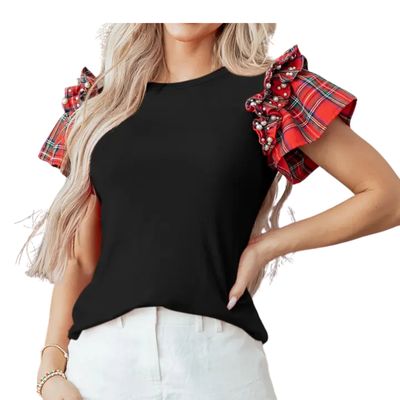 Plaid Patchwork Pearl Beaded Ruffle Sleeve T-Shirt