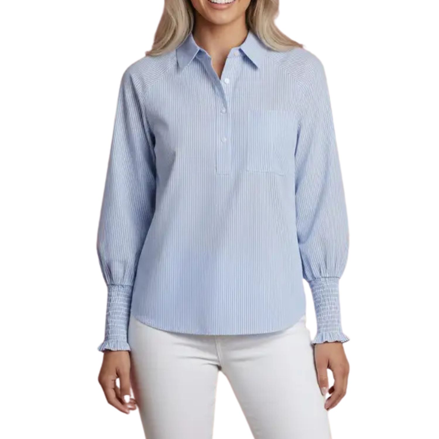 Stripe Smocked Long Sleeve Buttoned Collar Blouse
