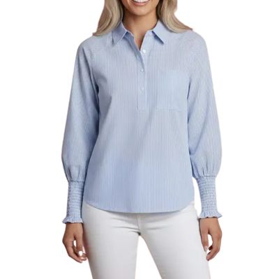 Stripe Smocked Long Sleeve Buttoned Collar Blouse