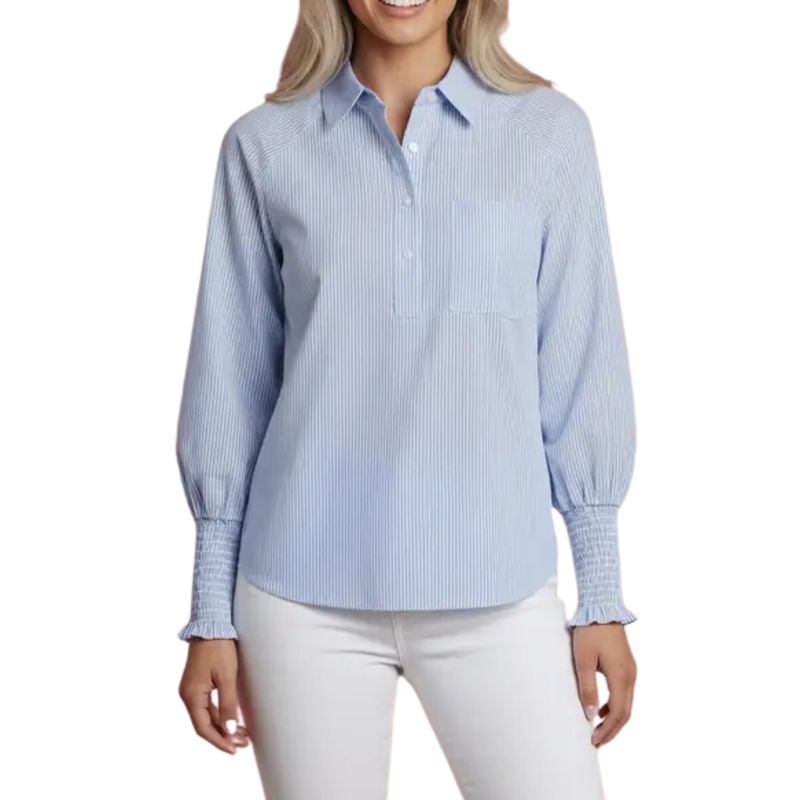 Stripe Smocked Long Sleeve Buttoned Collar Blouse