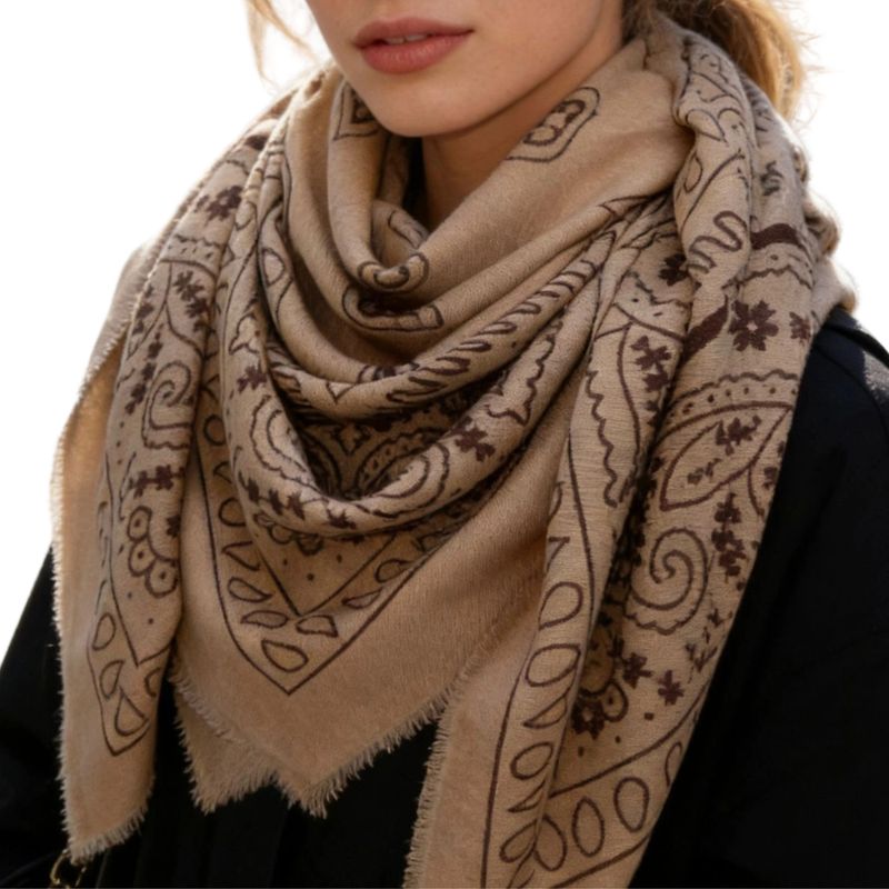Large Square Scarf with Bandana Pattern - Light Taupe