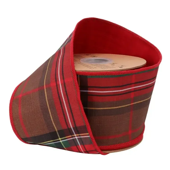 4" Wired Dupioni Ribbon | Red &amp; Brown Plaid with Red Backing | 10 Yard Roll