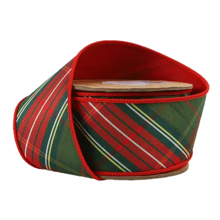 2.5" Wired Dupioni Ribbon | Red &amp; Dark Green Plaid | 5 Yard Roll