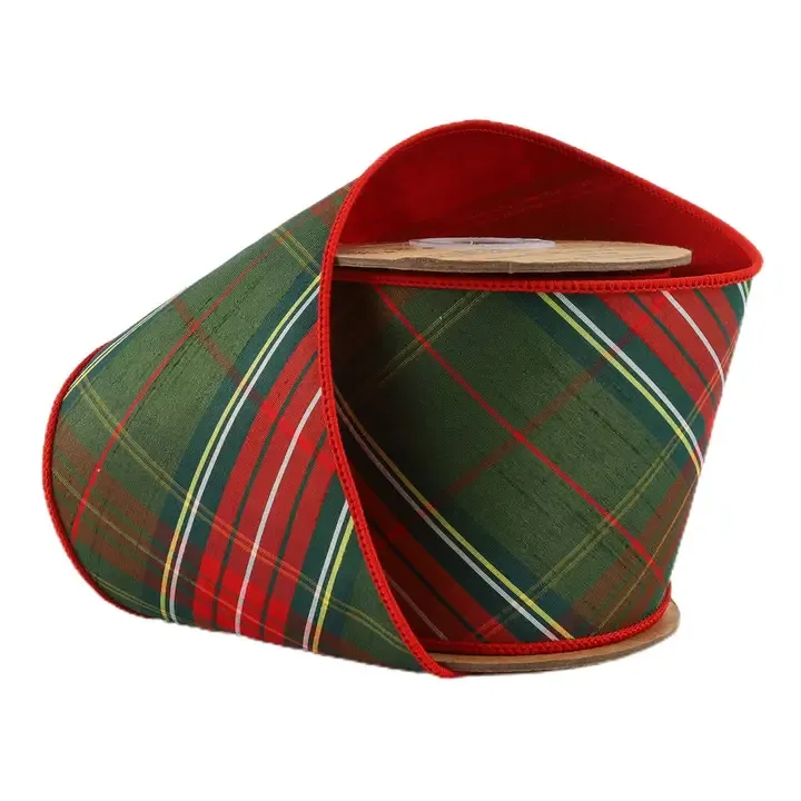4" Wired Dupioni Ribbon | Red &amp; Dark Green Plaid | 5 Yard Roll