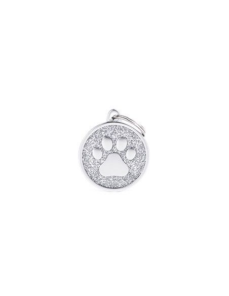 Tag Big Glitter Circle Paw Silver
