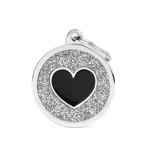 Tag Grey Big Glitter Circle Black Heart