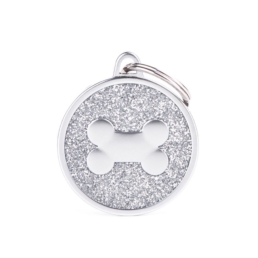 Shine Big Grey Glitter Bone Satin ID Tag