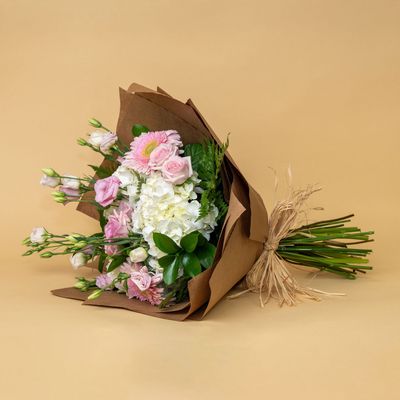 PAPER WRAPPED HAND TIED BOUQUET-PINK