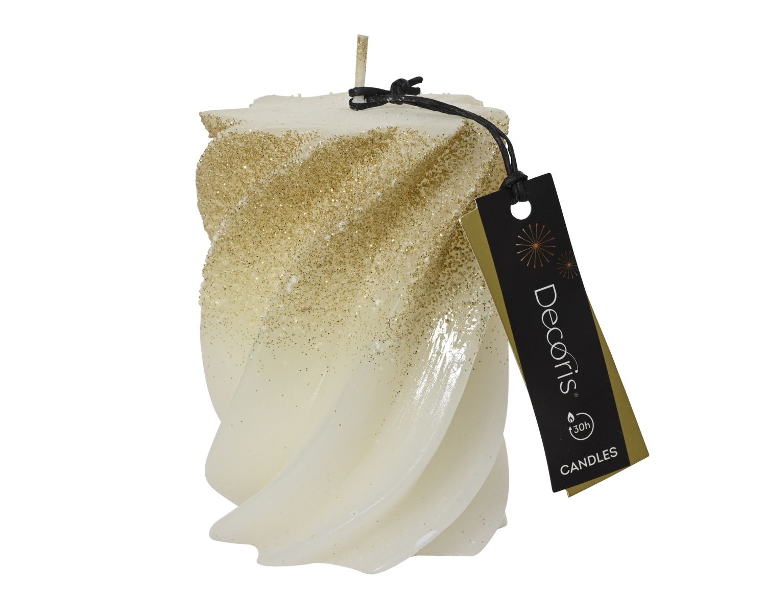 WHITE SWIRL PILLAR CANDLE GOLD GLITER TOP SHORT WHITE SWIRL PILLAR CANDLE GOLD GLITER TOP SHORT