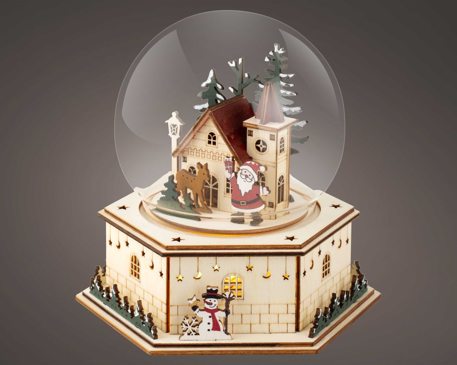 SANTA & REINDER IN GLOBE WOOD MUSIC BOX W/ LED, MOTION AND MUSIC SANTA & REINDER IN GLOBE WOOD MUSIC BOX W/ LED, MOTION AND MUSIC