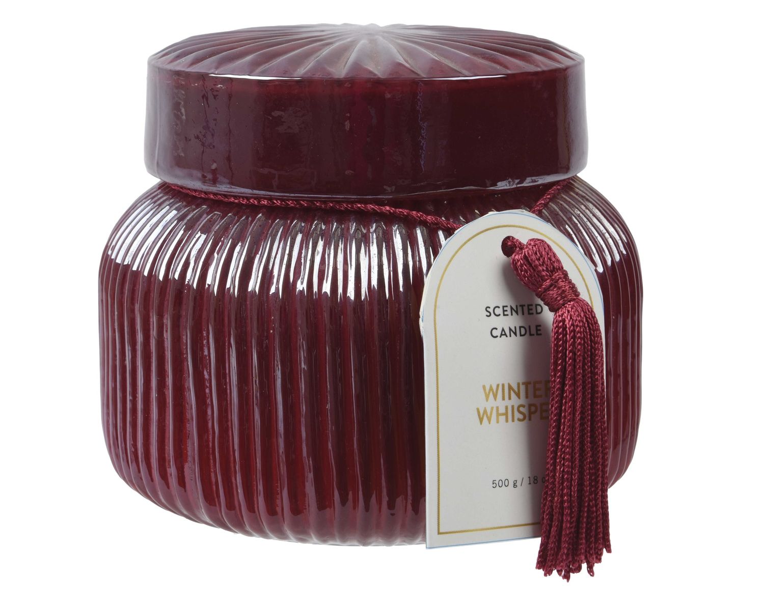 WINTER WHISPER SCENTED CANDLE RED GLASS/W TASSEL WINTER WHISPER SCENTED CANDLE RED GLASS/W TASSEL