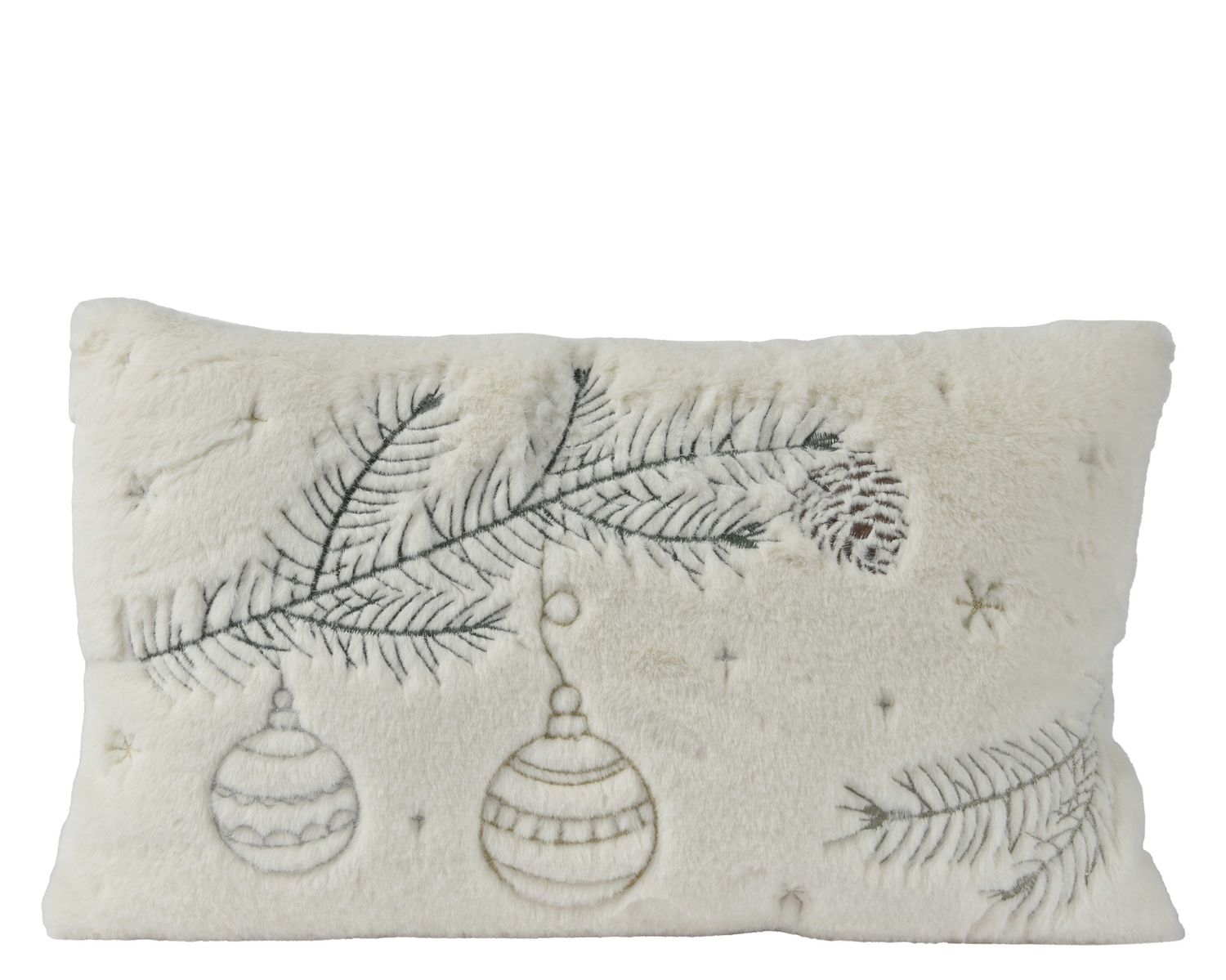 FLUFFY WHITE LUMBAR PILLOW  BAUBLE AND SNOWFLAKE EMBROIDERY FLUFFY WHITE LUMBAR PILLOW  BAUBLE AND SNOWFLAKE EMBROIDERY