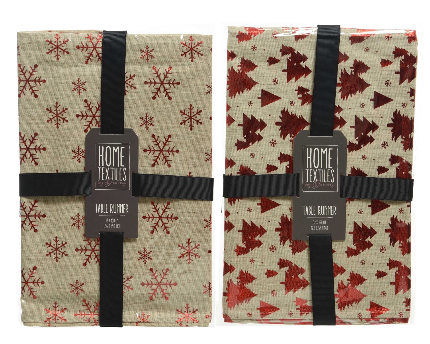 TAN TABLE RUNNING RED FOIL SNOWFLAKE PRINT