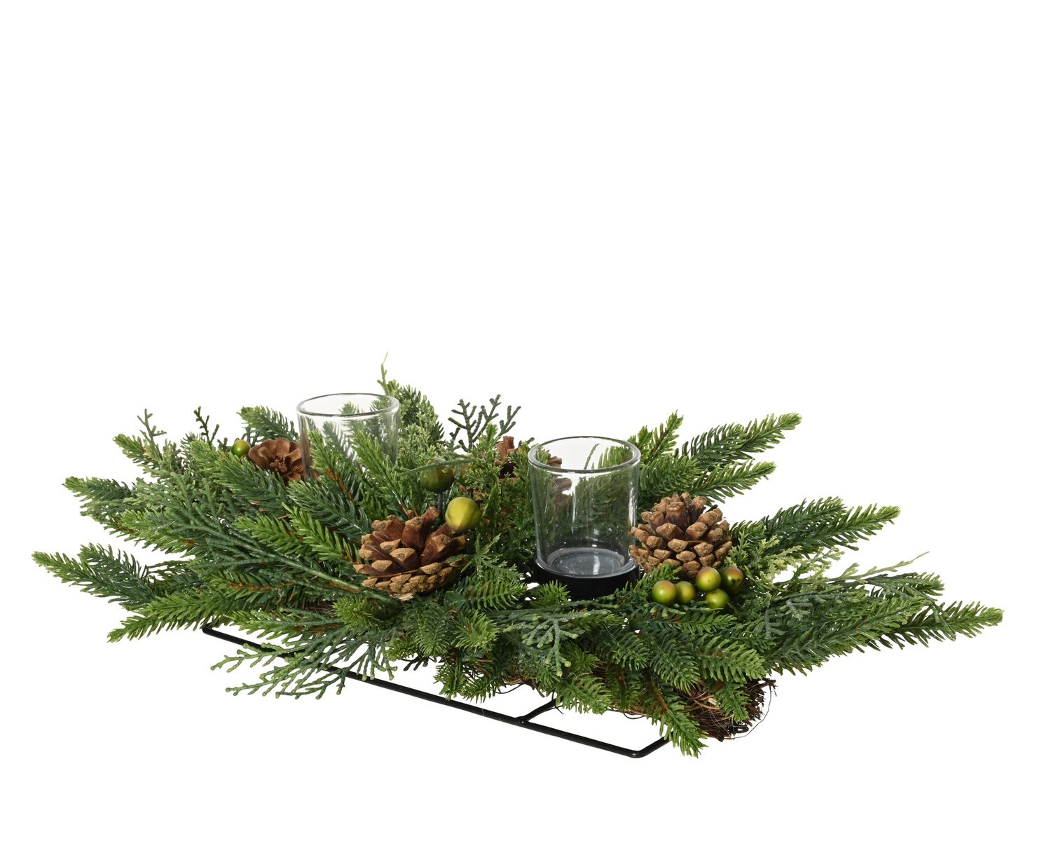 FAUX FIR CENTERPIECE W/GLASS TEALIGHT HOLDERS SML FAUX FIR CENTERPIECE W/GLASS TEALIGHT HOLDERS SML