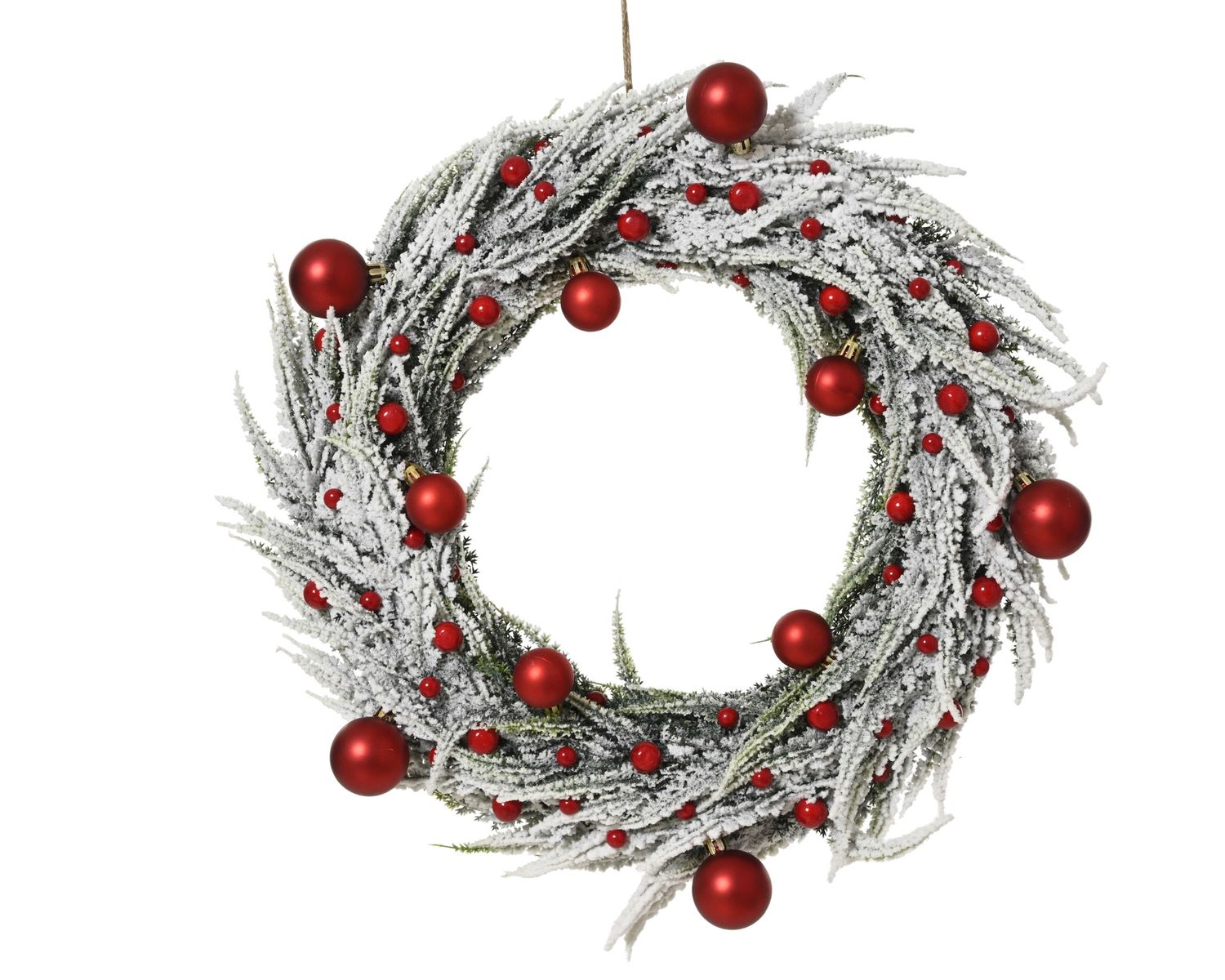 FAUX SNOWY FIR WREATH W/RED BAUBLES FAUX SNOWY FIR WREATH W/RED BAUBLES