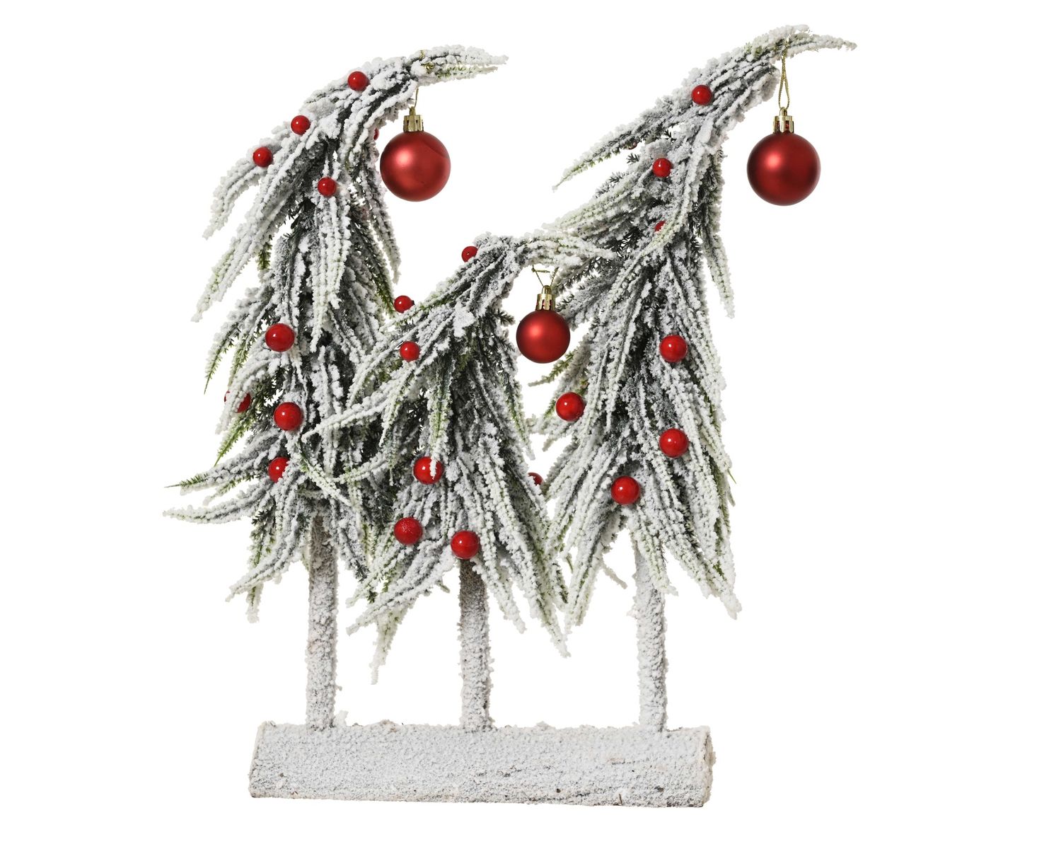 SNOWY TREES W/ RED BAUBLES TABLE DECOR SML SNOWY TREES W/ RED BAUBLES TABLE DECOR SML