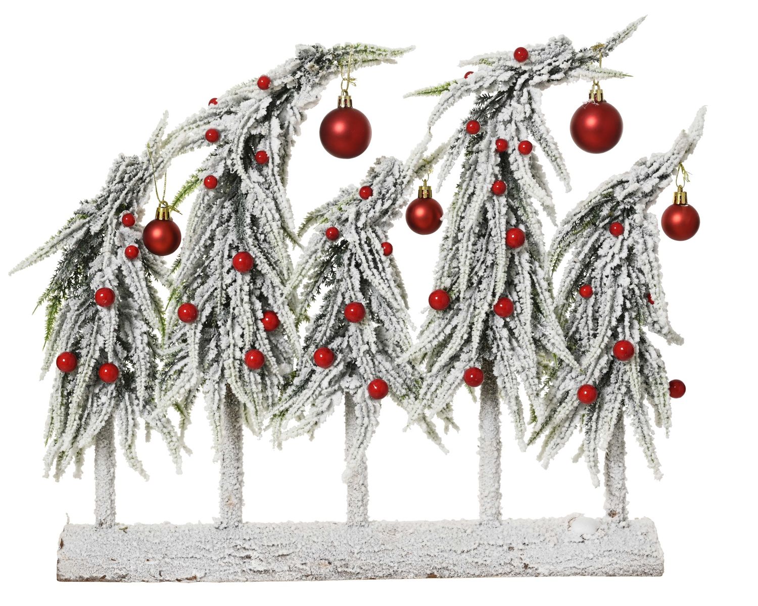 SNOWY TREES W/ RED BAUBLES TABLE DECOR LG SNOWY TREES W/ RED BAUBLES TABLE DECOR LG