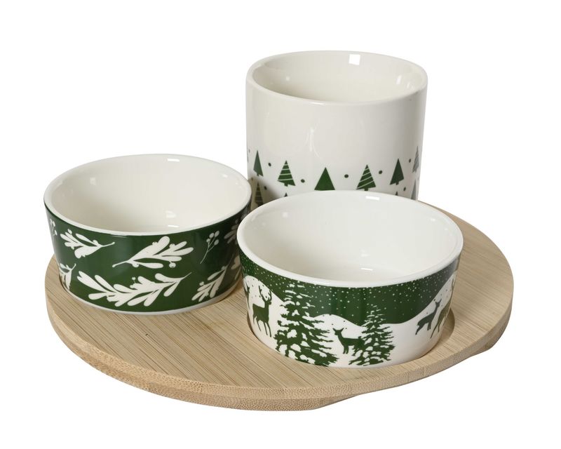 TAPAS SET - ACACIA WOOD - CERMAIC BOWLS CMAS PRINT TAPAS SET - ACACIA WOOD - CERMAIC BOWLS CMAS PRINT