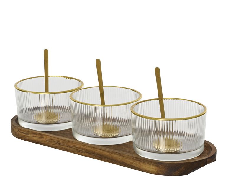 TAPAS SET - ACACIA WOOD - GLASS BOWLS GOLD RIM