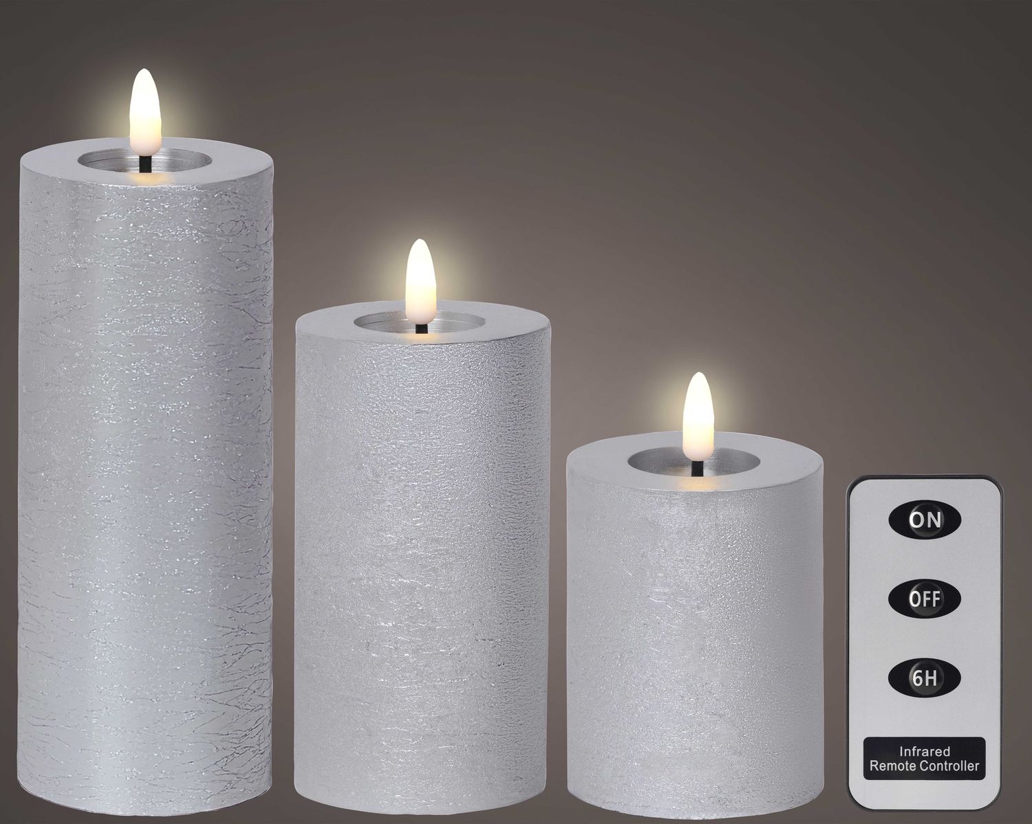 SILVER FLAMELESS LED CANDLE SET- 3 PIECE WITH REMOTE SILVER FLAMELESS LED CANDLE SET- 3 PIECE WITH REMOTE
